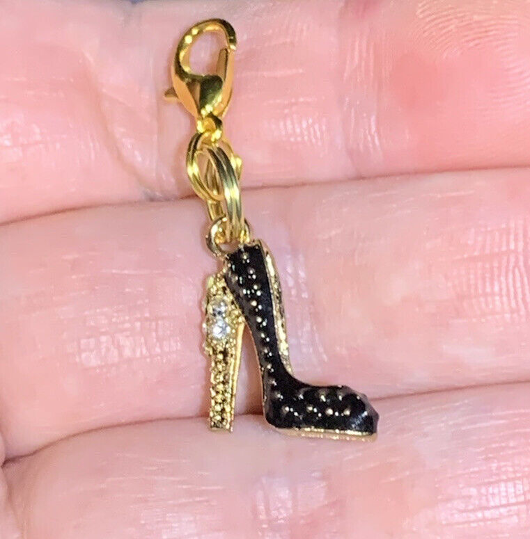 Gold Black High Heel Shoe Charm Zipper Pull & Keychain Add On Clip
