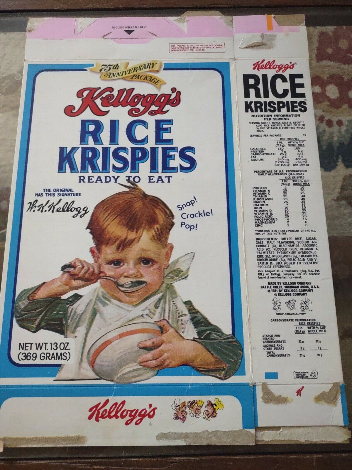 Cereal Box 1981 KELLOGG\'S Rice Krispies 75th Anniversary ~Empty Box