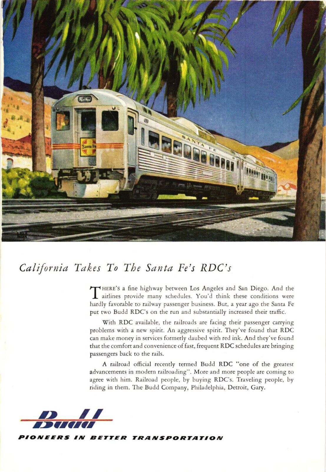 1953 Budd Rail Diesel Car Travel California to the Santa Fe's Print Ad Vintage