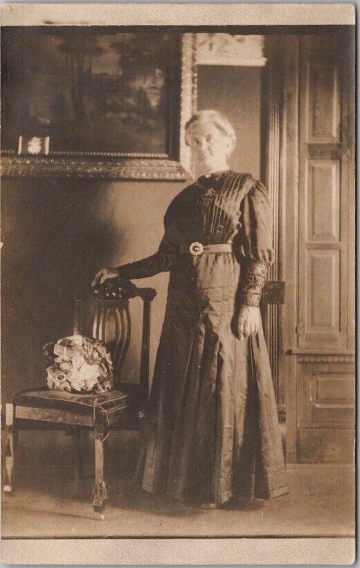 Vintage 1910s Real Photo RPPC Postcard Older Woman in House Parlor / Fashion
