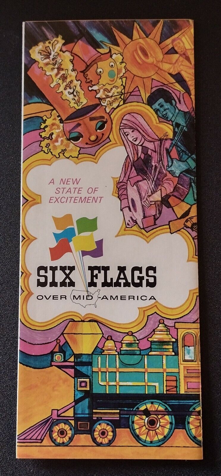 1970s Six Flags Over Mid-America Amusement Park Brochure COLORFUL Map NEAT