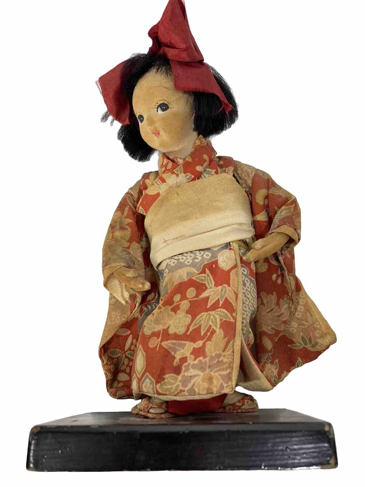 Vintage 1930s Japanese 8” Girl in a Kimono Doll Figure on Wood Base