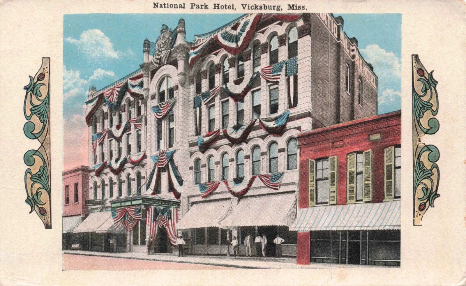 Vicksburg Mississippi National Park Hotel American Flags Vintage MS Postcard
