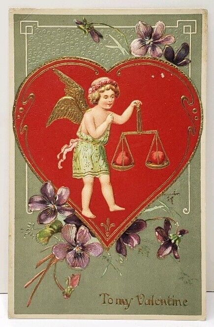 Valentine Cupid Golden Wings with Hearts on Scale 1911 Embossed Postcard F9