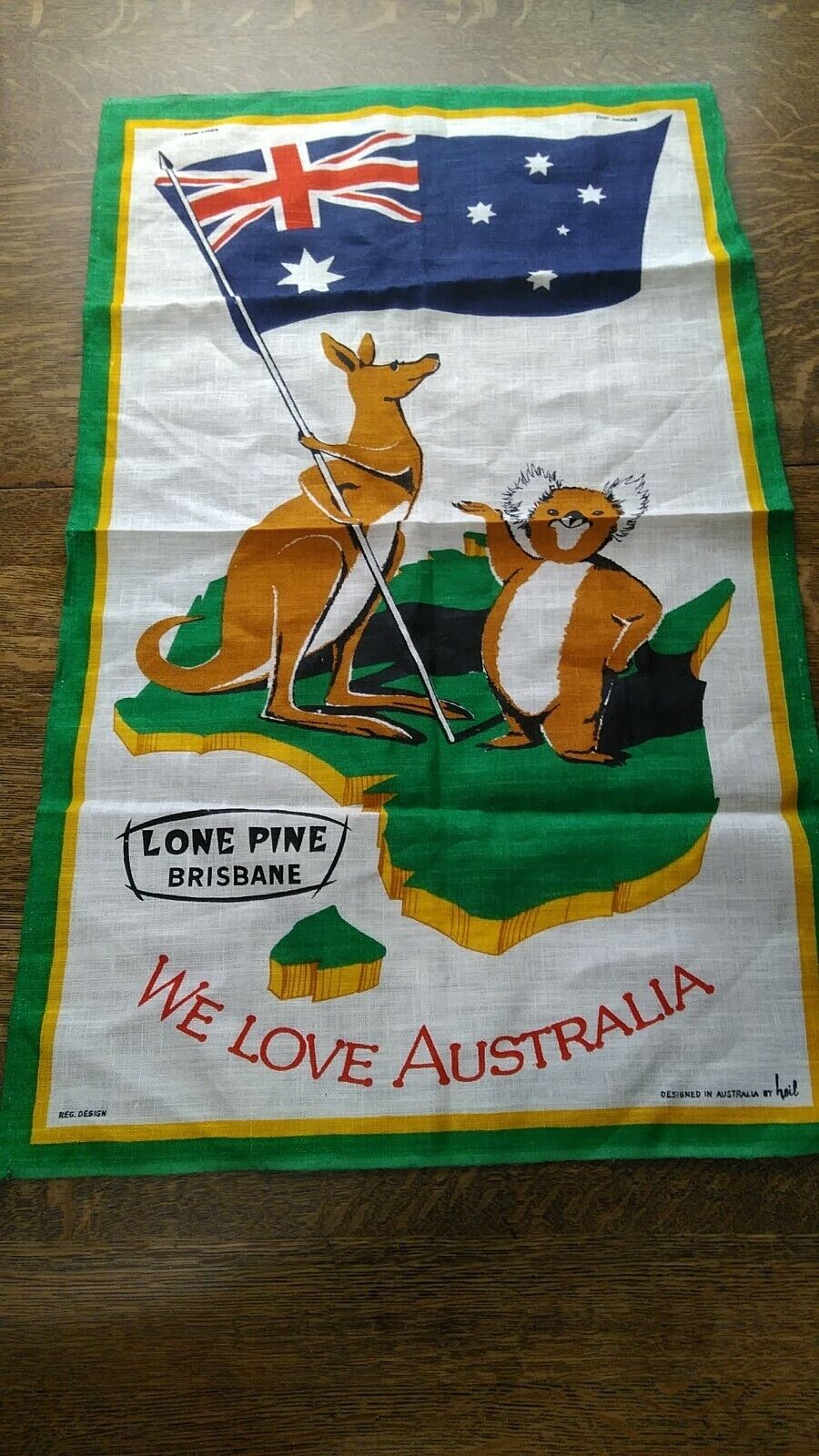 VINTAGE NEW AUSTRALIA LINEN TEA TOWEL - LONE PINE, BRISBANE - WE LOVE AUSTRALIA 