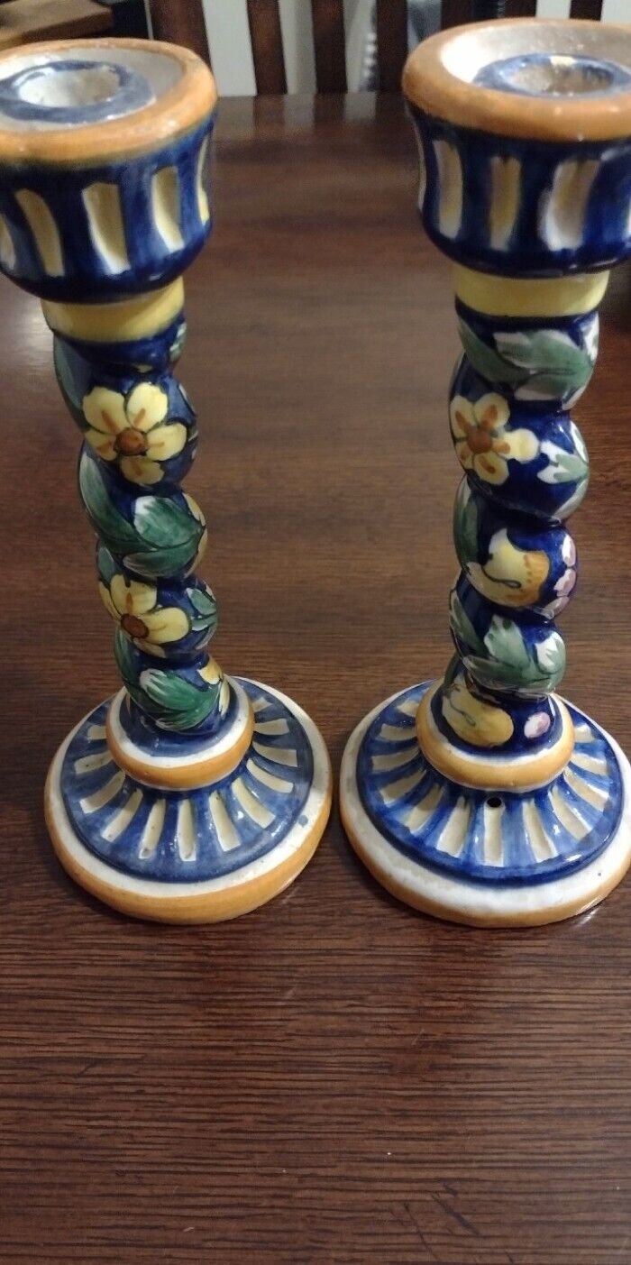  PAIR HAND PAINTED CERAMIC CANDLE HOLDERS MADE IN ITALY