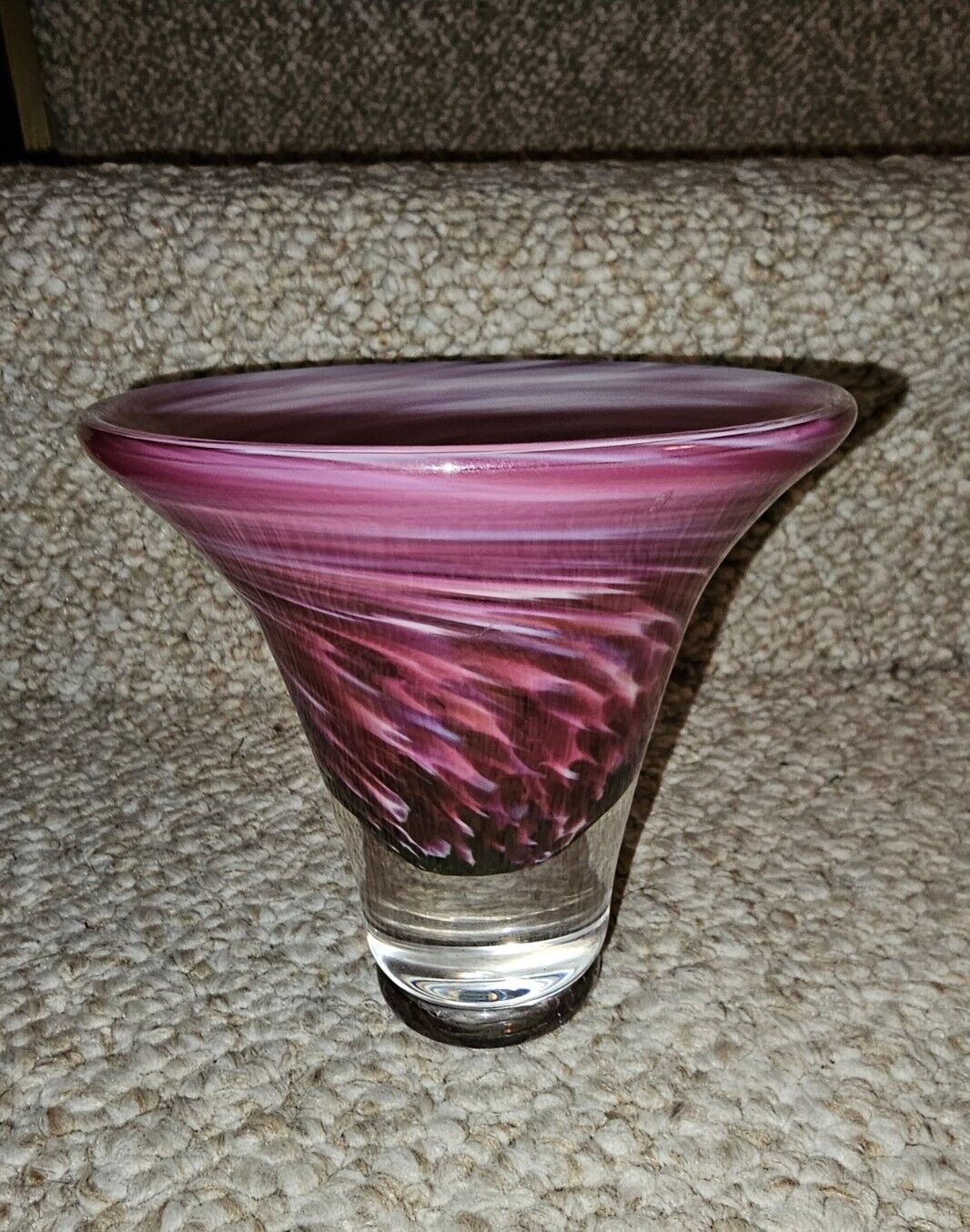 Vintage Murano Style Hand Blown Art Glass Signed White And Purple Swirl