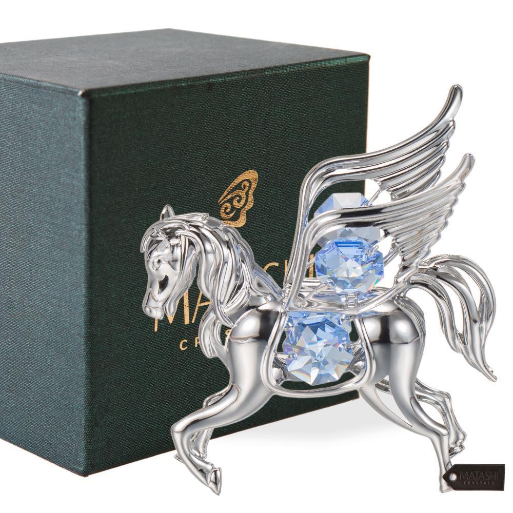 Chrome Plated Silver Pegasus Ornament with Blue Crystals by Matashi