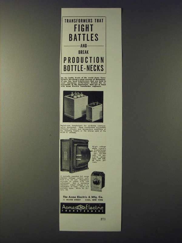 1943 Acme Electric Transformers Ad - fight battles and break Bottle-Necks