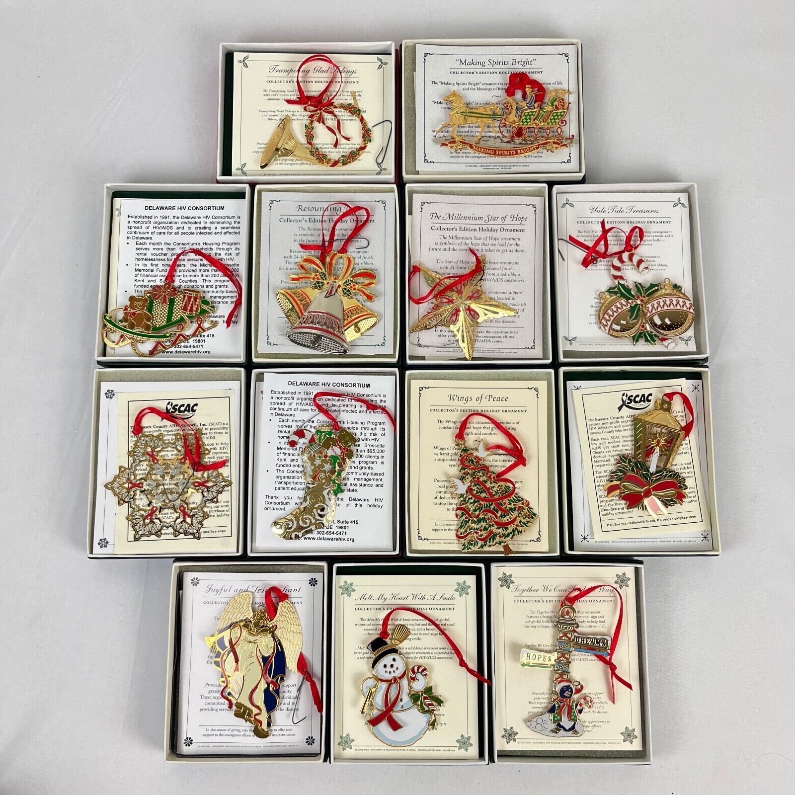 13 Holiday Ornaments HIV/AIDS Awareness Collectors Edition Gold Plated Brass Lot