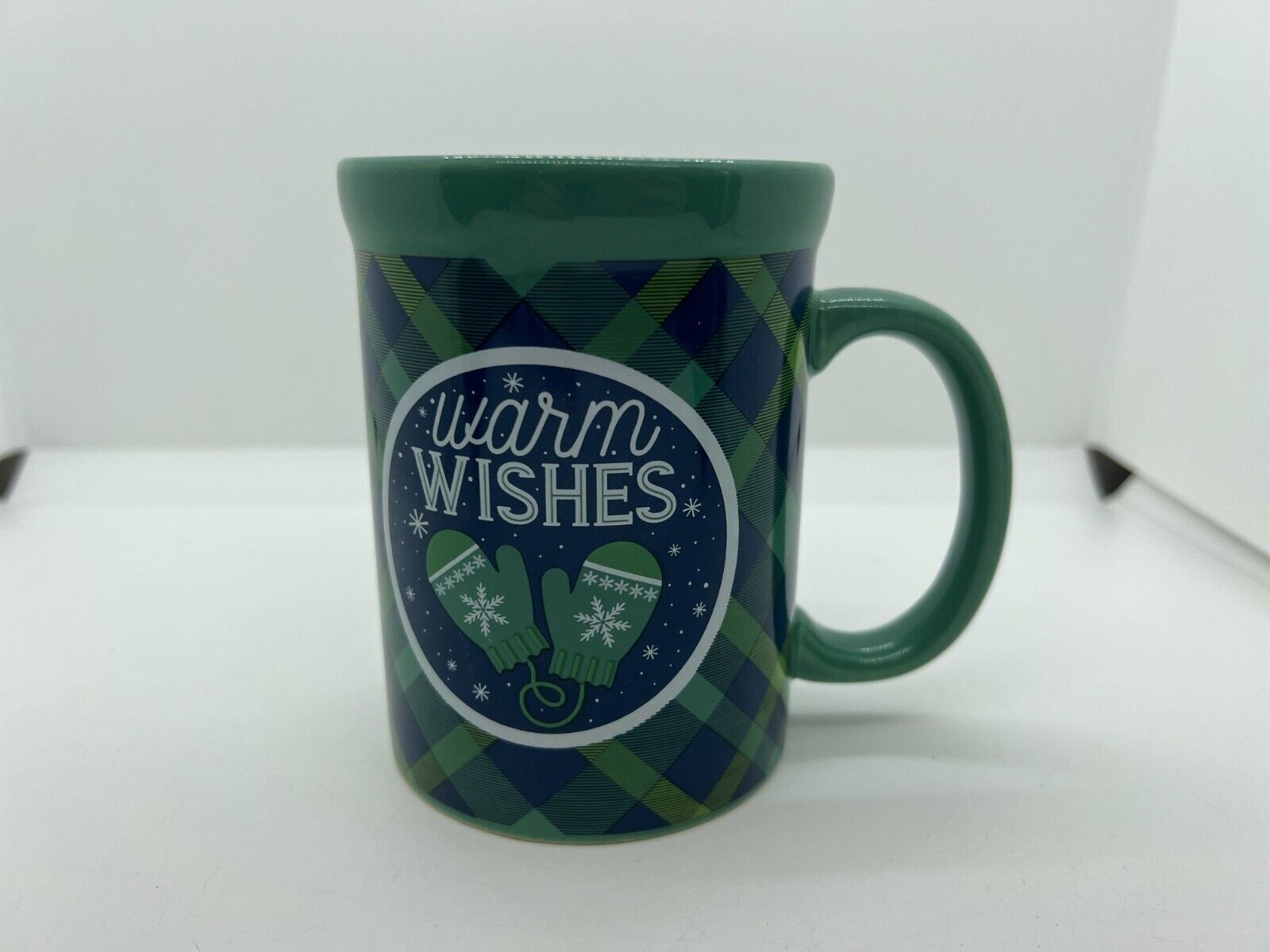 Designpac Warm Wishes Green Blue Plaid Pattern 12 oz. Ceramic Coffee Mug Holiday