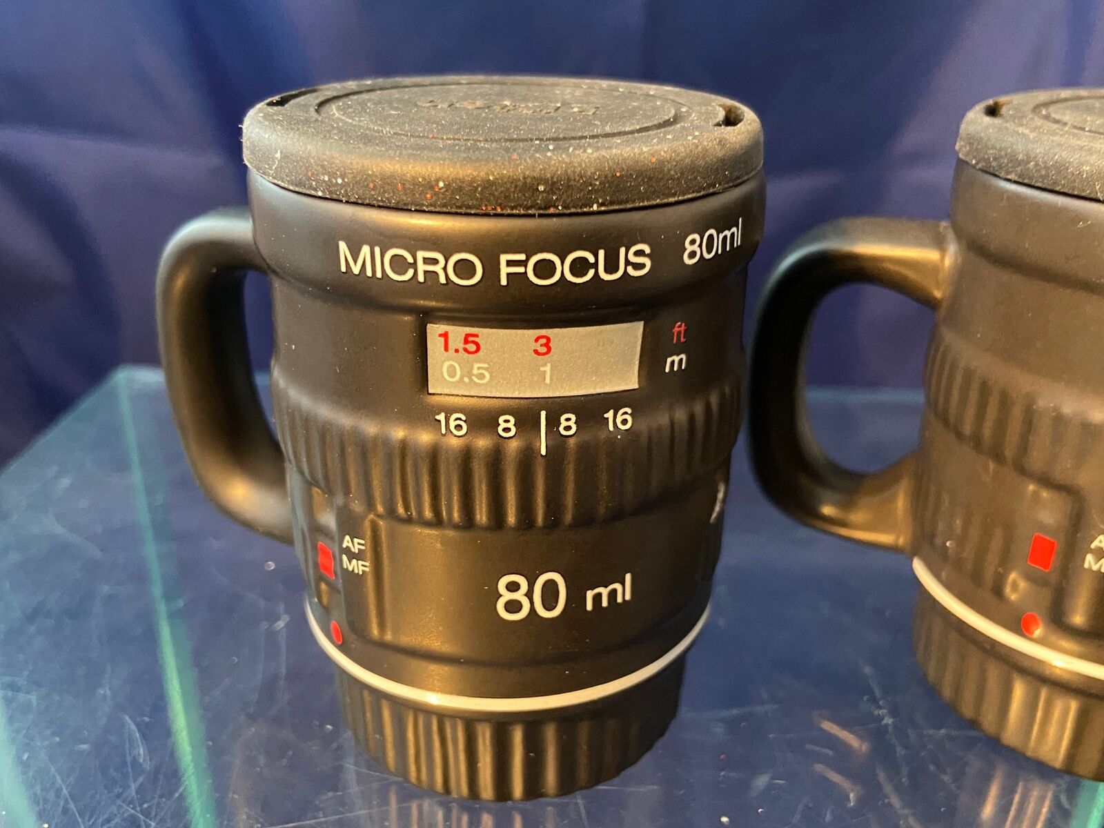 Bitten Black Camera Lens Expresso Mugs Coffee Set of 2 Micro Focus W/ Lids 80 ml