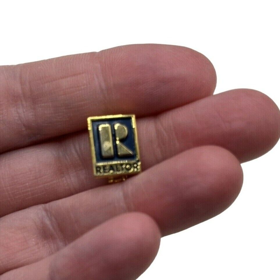 Realtor Logo Gold Tone Blue Vintage Lapel Pin Straight back