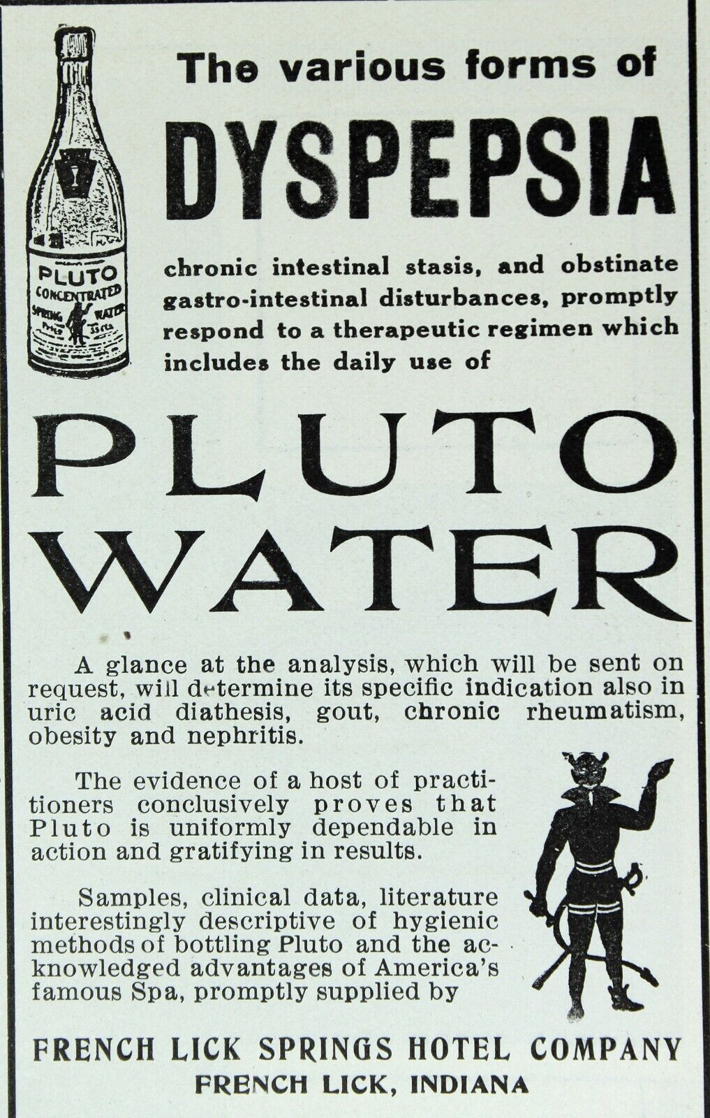 1915 PLUTO WATER Dyspepsia Medical Advertising Original Antique Print Ad