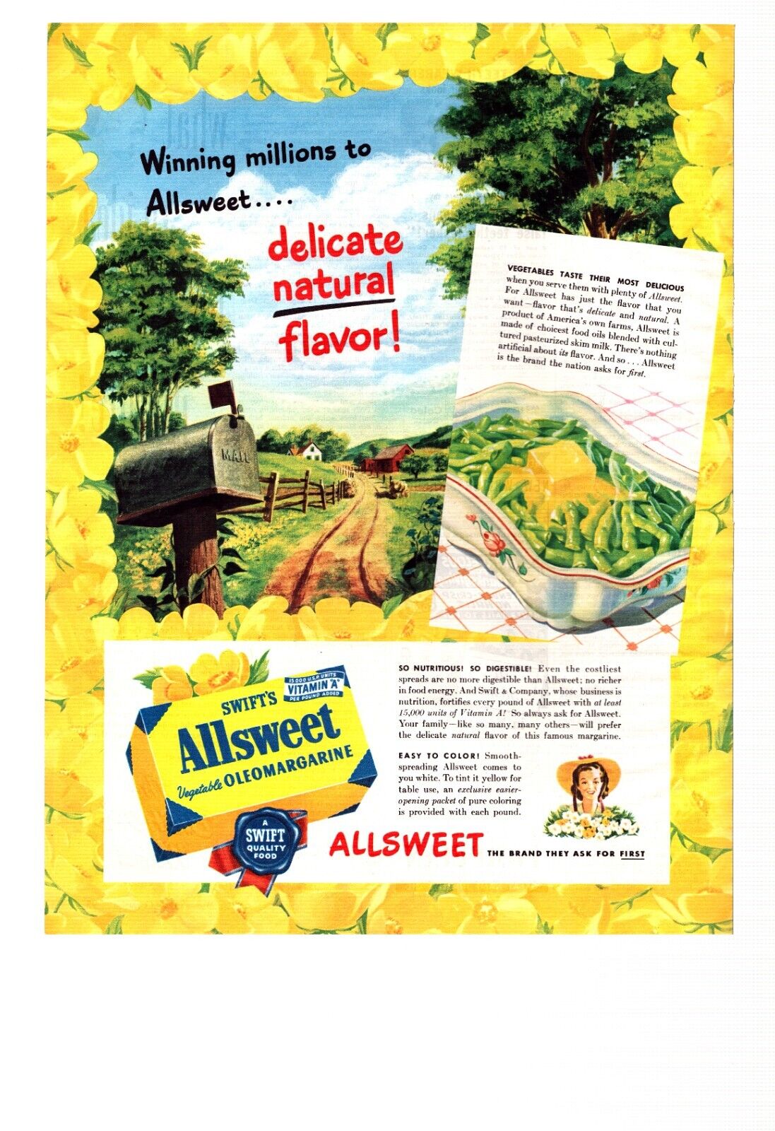Vtg Print Ad 1947 Swift\'s Allsweet Vegetable Margarine Oleomargarine
