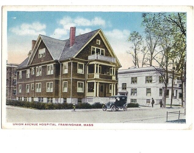 c1910 Union Avenue Hospital Framingham Massachusetts MA Old Car Postcard