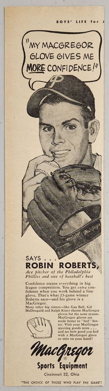 1954 Print Ad MacGregor Baseball Gloves Robin Roberts Philadelphia Phillies