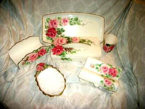 VINTAGE BITS O GLAMOUR HP TOLE ROSES VANITY SET 6 Pc SET SALLY GOULD WHITE PINK