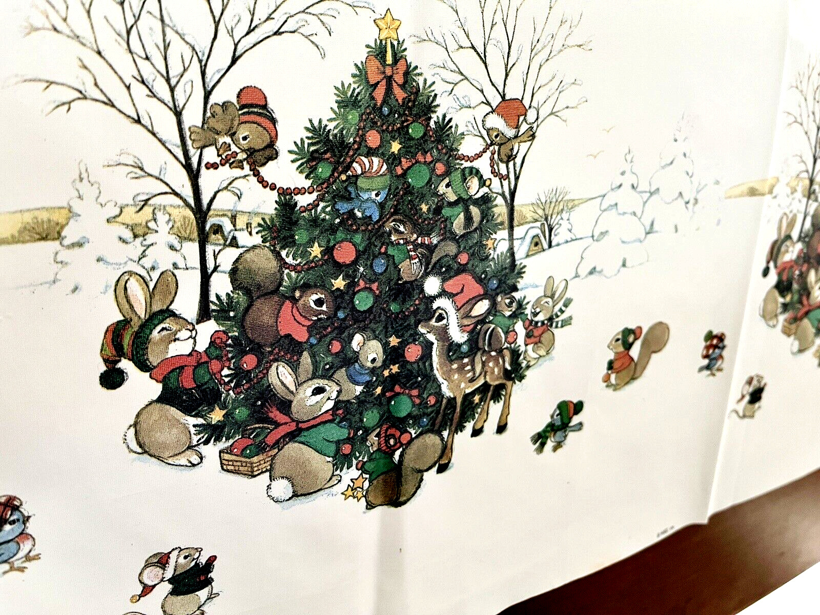 Vtg Plastic CHRISTMAS TABLECLOTH Christmas Tree Rabbits Deer Forest Animals Snow