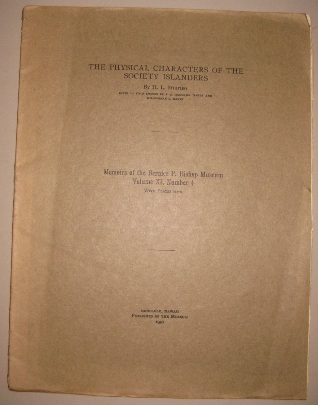 The Physical Characters of the Society Islanders - Shapiro, 1930, eugenics