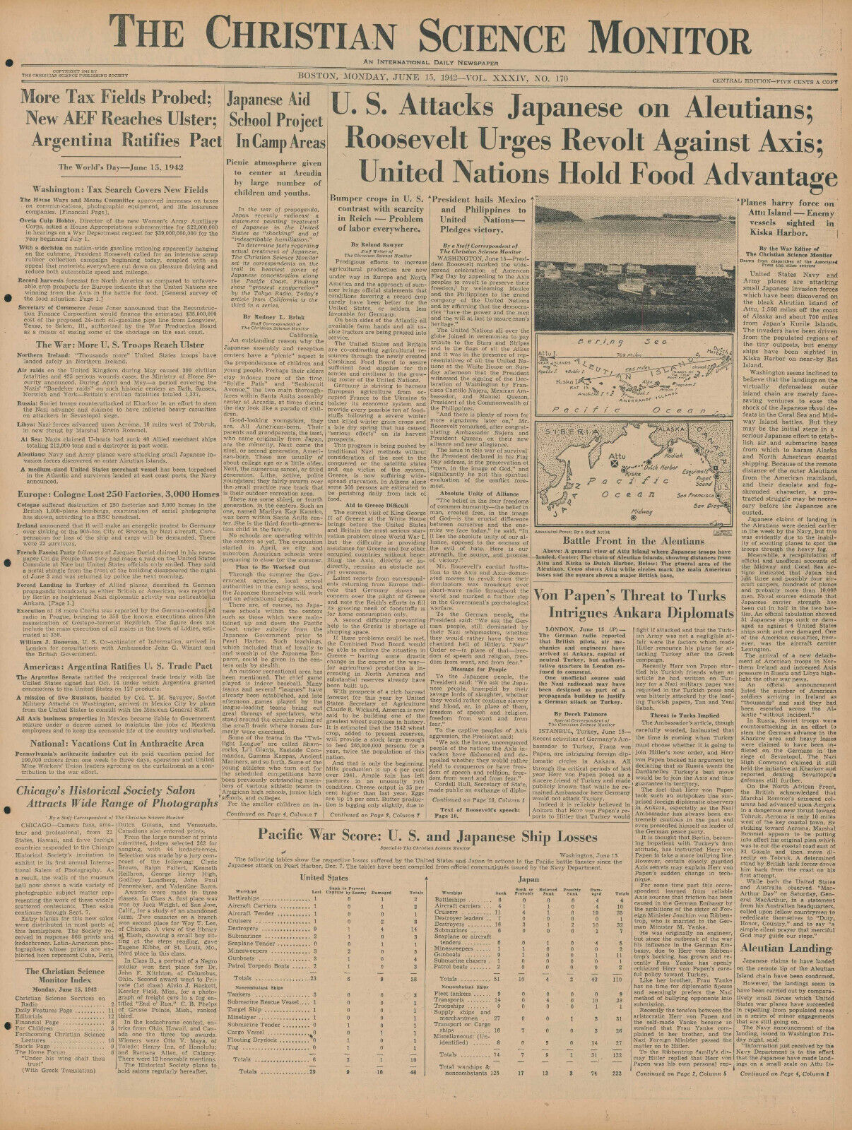 June 15 1942 WWII Original Int. Newspaper - U.S ATTACK JAPAN ALEUTIANS UN FOOD