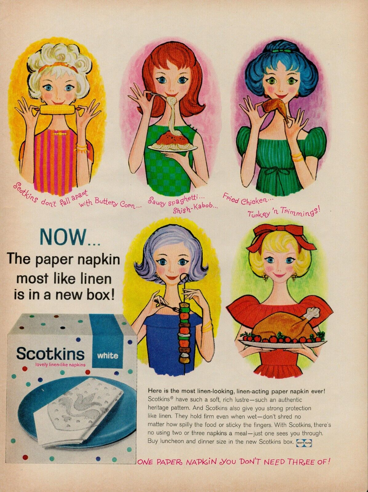 1959 Kitchen Household Paper Napkins 1950s Vintage Print Ad Linen in Box Scotkin