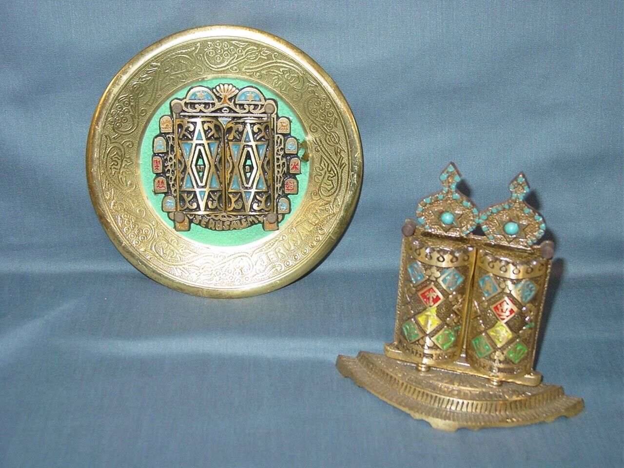 Judaica Vintage Brass Ten Commandments Ark Doors Israel Signed 2 pc