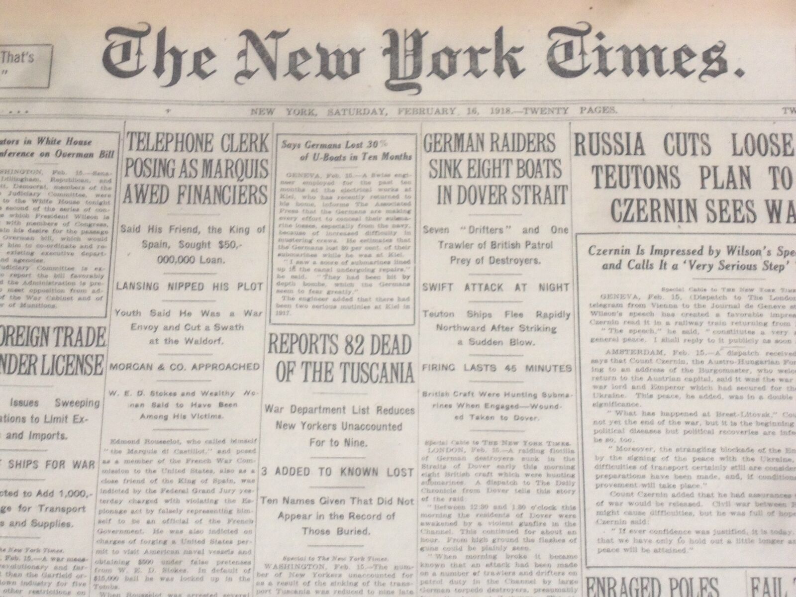1918 FEBRUARY 16 NEW YORK TIMES - GERMAN RAIDERS SINK EIGHT BOATS - NT 8246