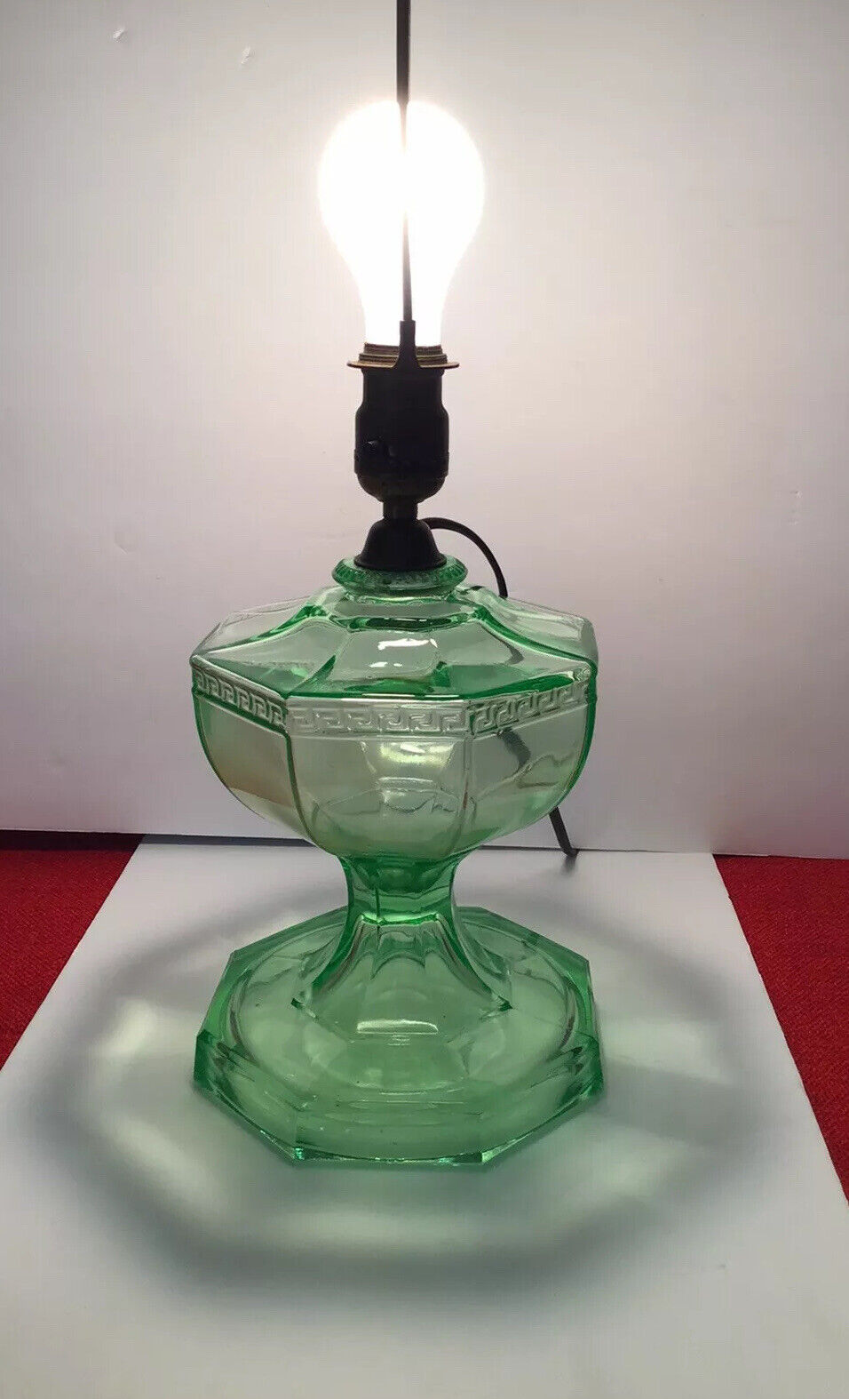 Uranium Depression Glass Electric Convert Lamp Art Deco Grecian Pattern Glows