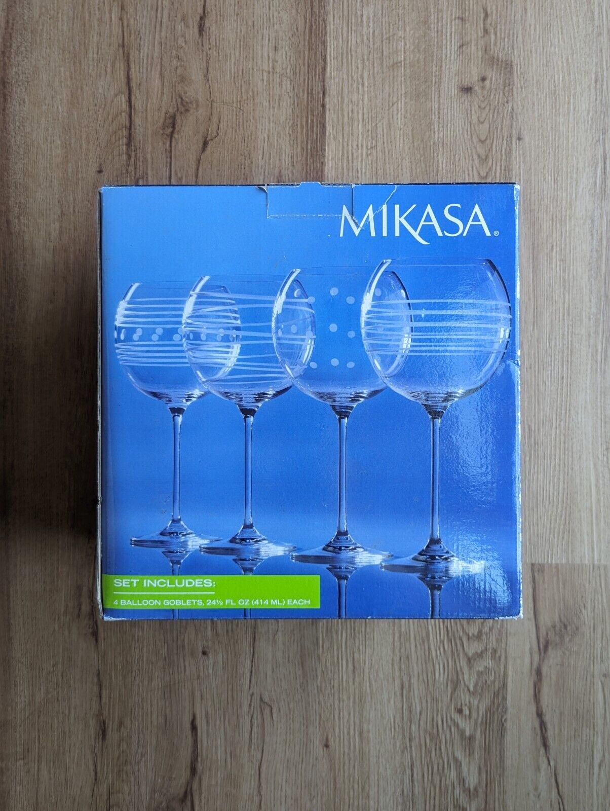 MIKASA Cheers Balloon Goblet WINE Glasses 24 oz Clear Etched Glass Set of 4 NEW