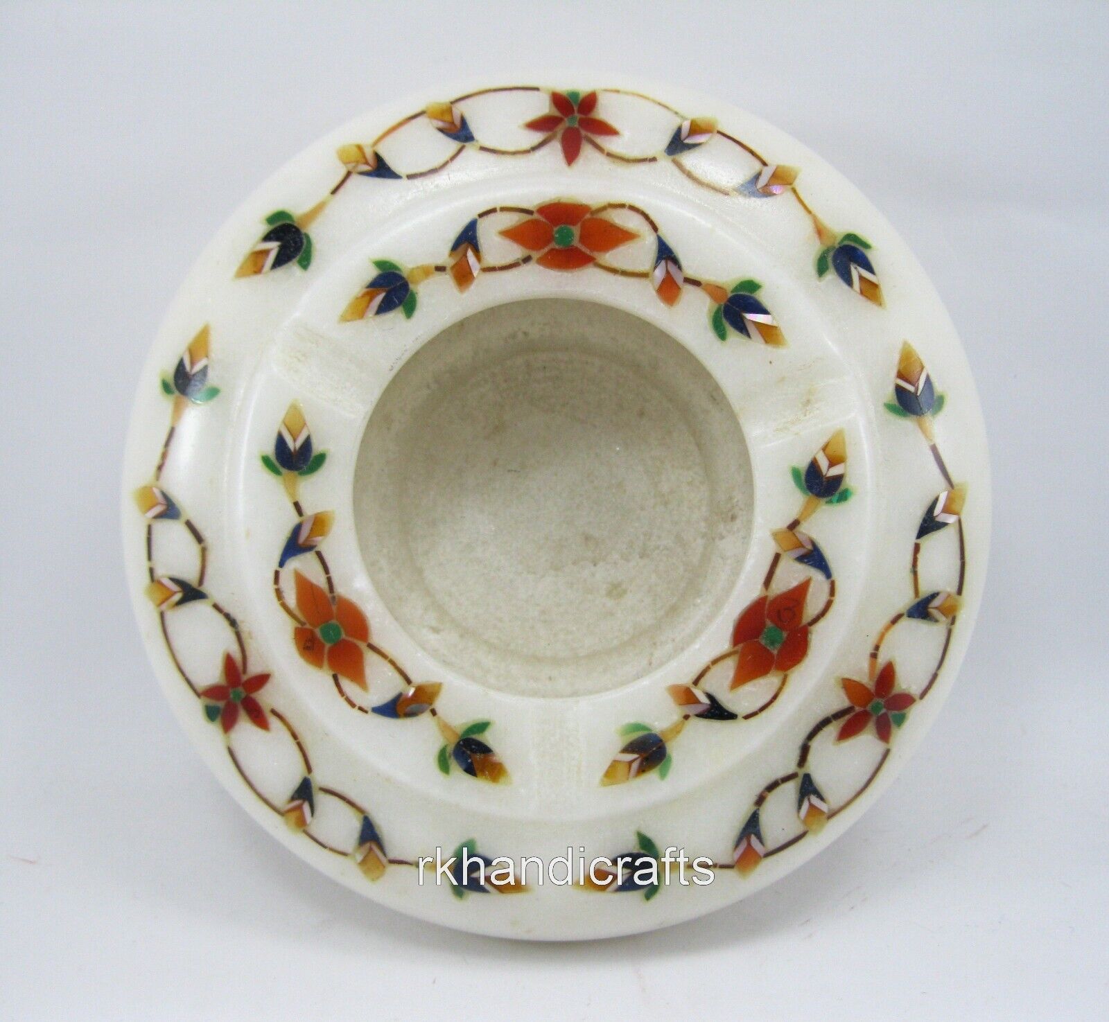 4.5 Inches Bar Accessories Multicolor Gemstone Inlay Work Round Marble Ash Tray
