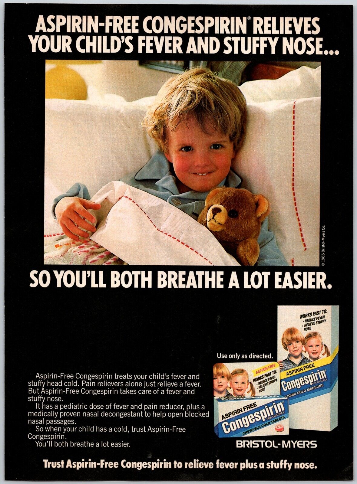 1986 Bristol-Myers Congespirin Aspirin Free Little Boy Teddy Bear Print Ad