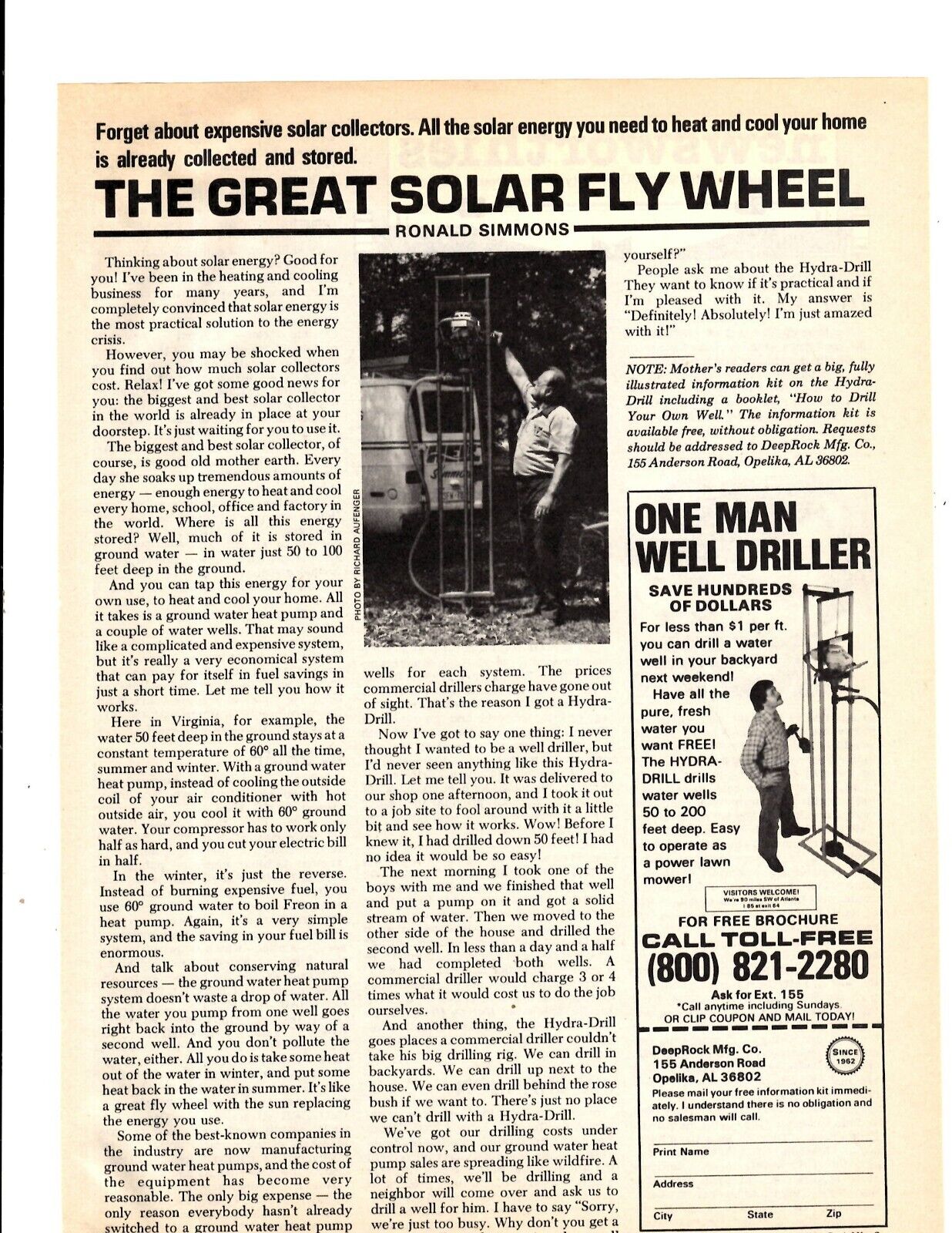 1981 Print Ad DeepRock Mfg The Great Solar Fly Wheel One Man Driller Hydra-Drill