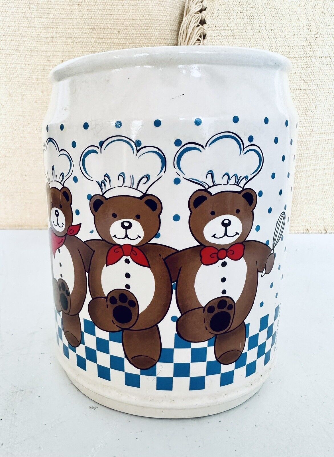 Vintage B&D Dancing Teddy Bear Chefs Ceramic Utensil Holder / Jar (6”) Japan
