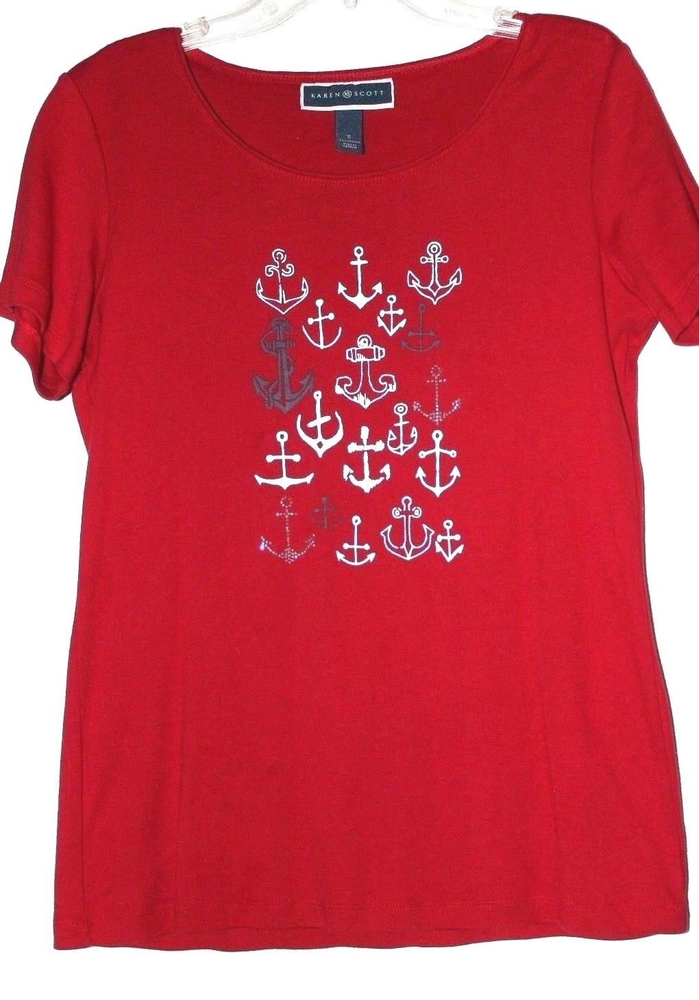 Karen Scott womens CRUISE WEAR Nautical Shirt BLING ANCHOR top Womens Small