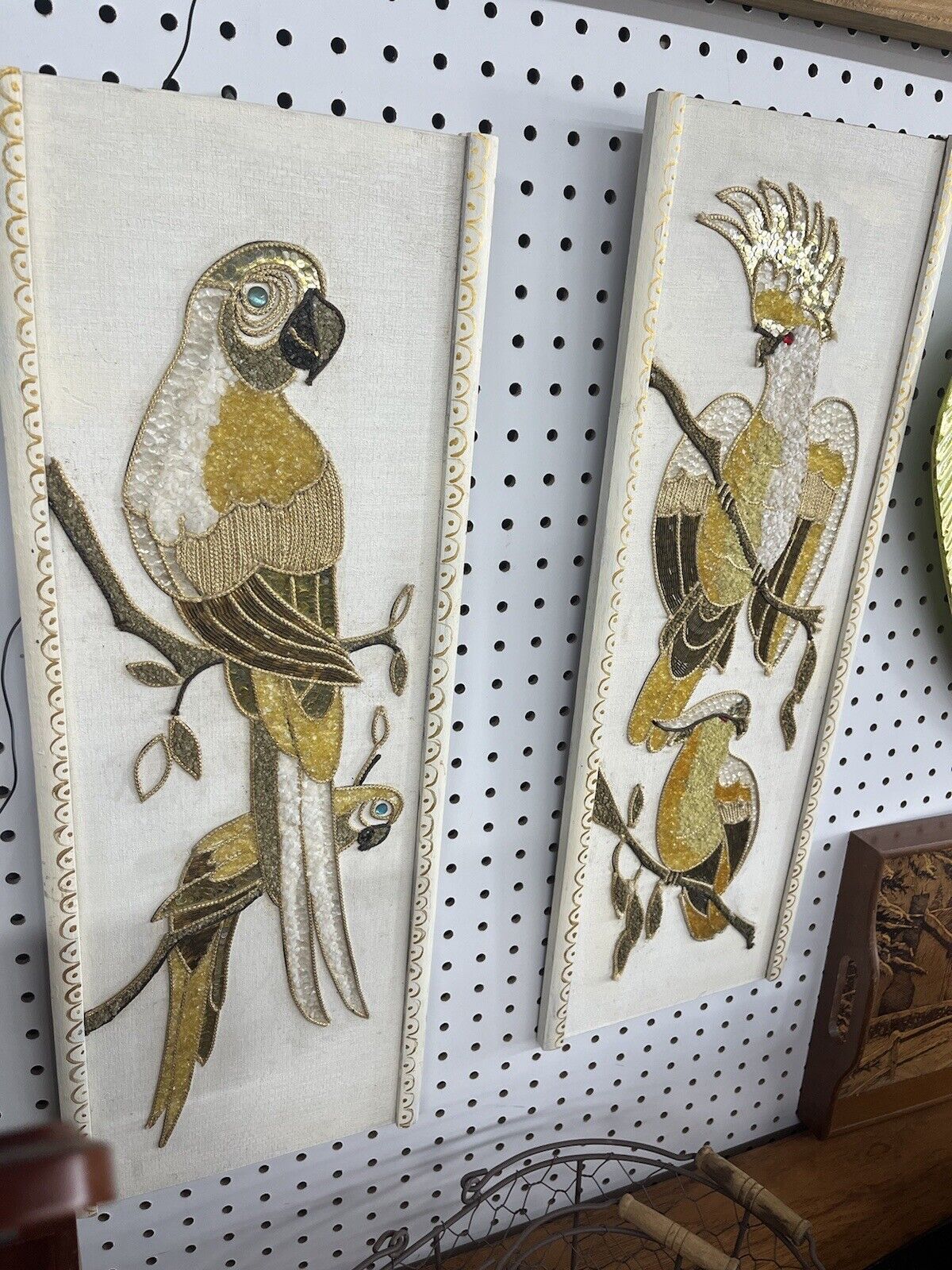 Vintage MCM Gravel And Sequin Artwork Pair Of Birds 60’s