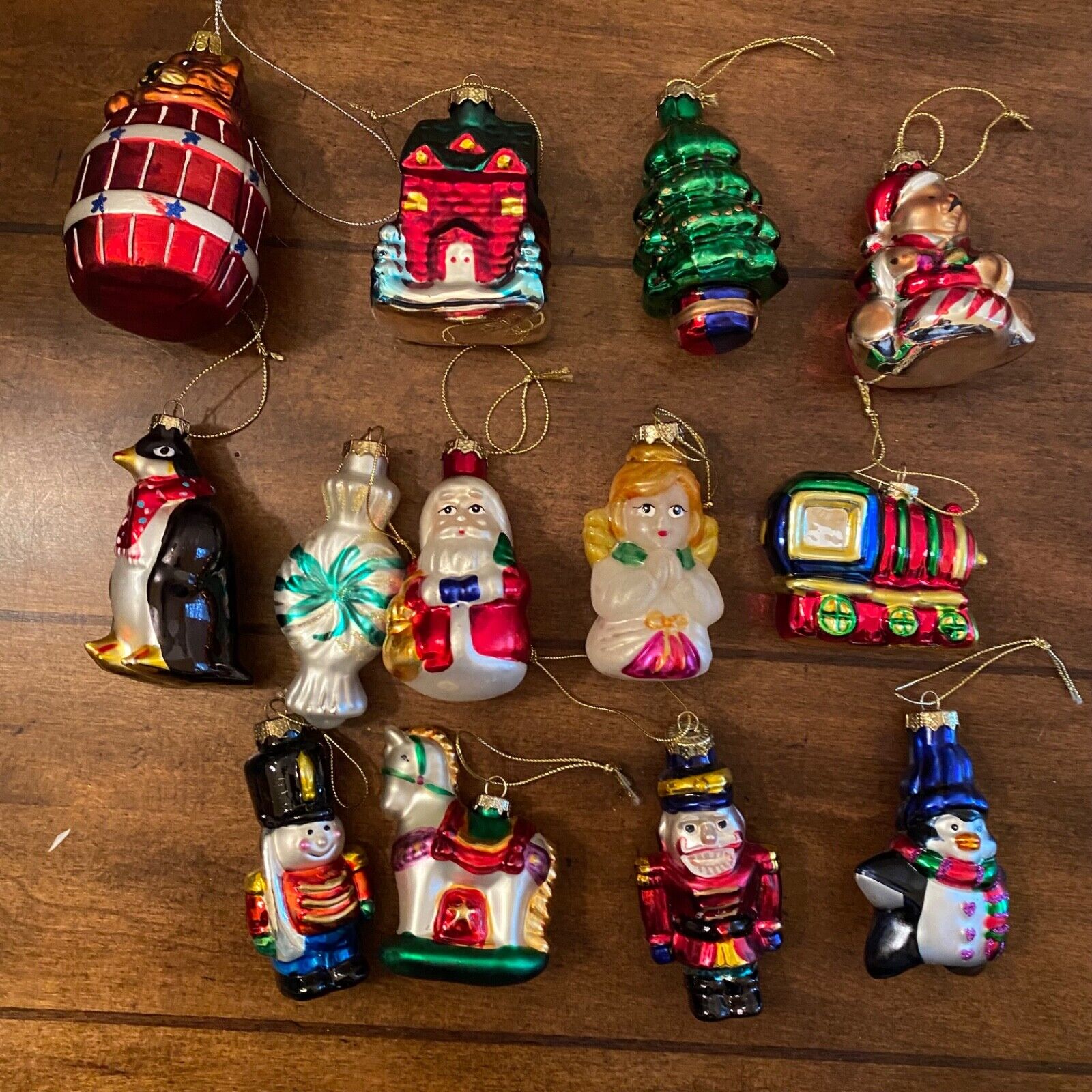Vintage Glass Ornaments Santa Penguin Nutcracker Angel Bear Train 3” Lot of 13