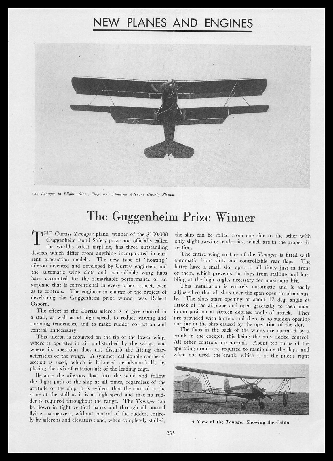 1930 Curtiss Tanager Photos Robert Osborn Wins Guggenheim Prize Article Print Ad