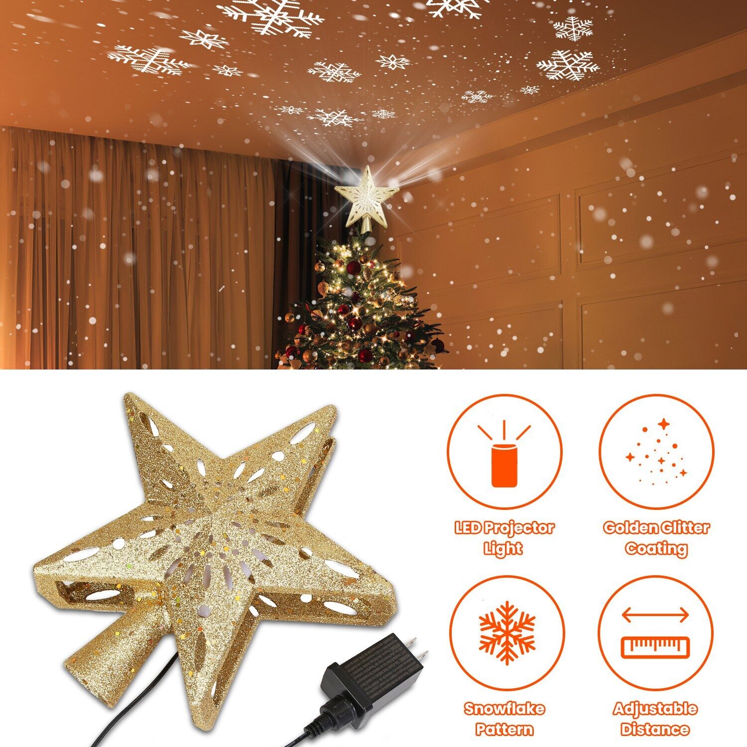 Christmas Star Tree Topper w/ LED Projector Light For Christmas Tree Decoration