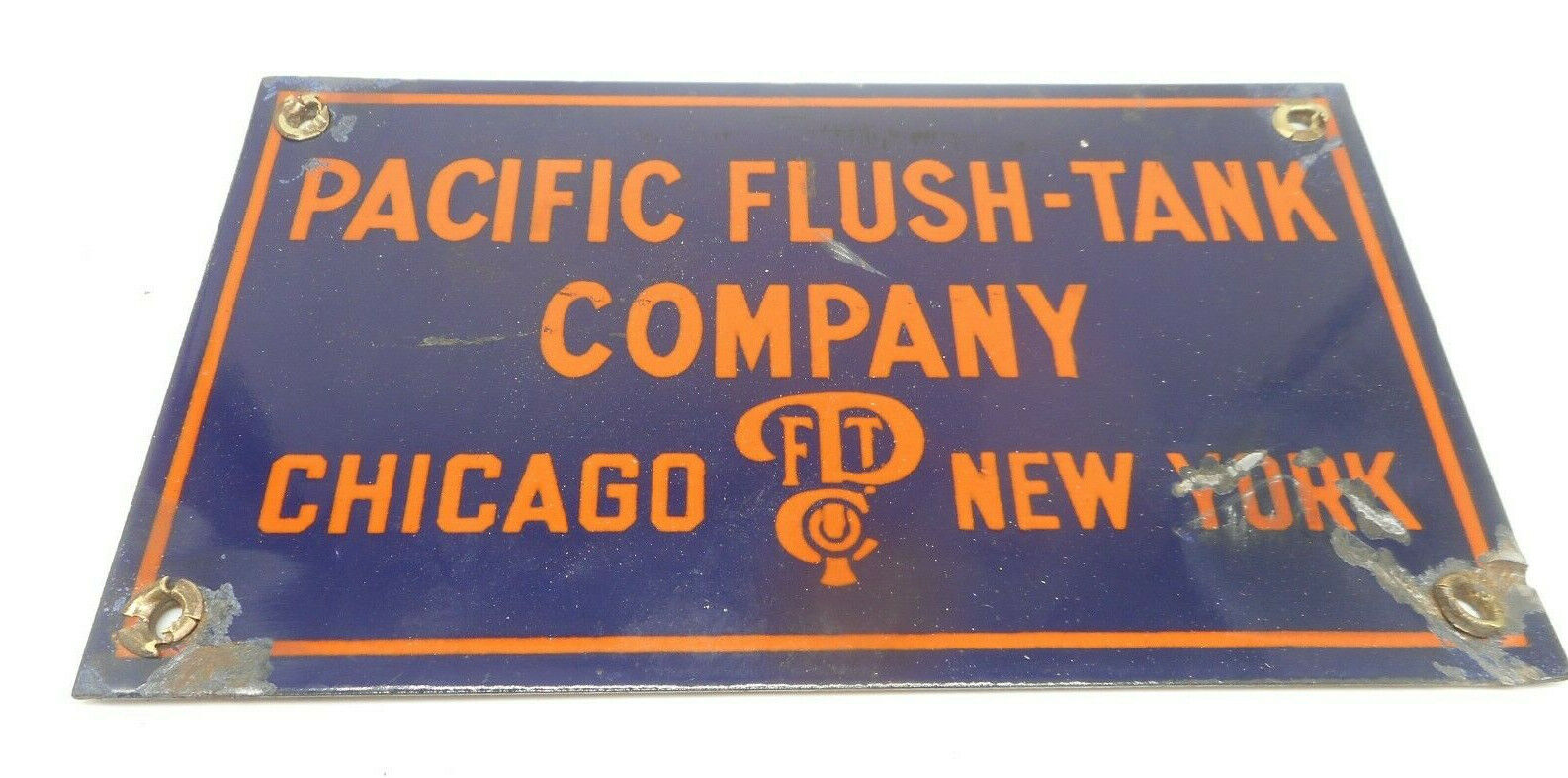 Vintage PORCELAIN Pacific Flush Tank Co Chicago New York Advertising SIGN