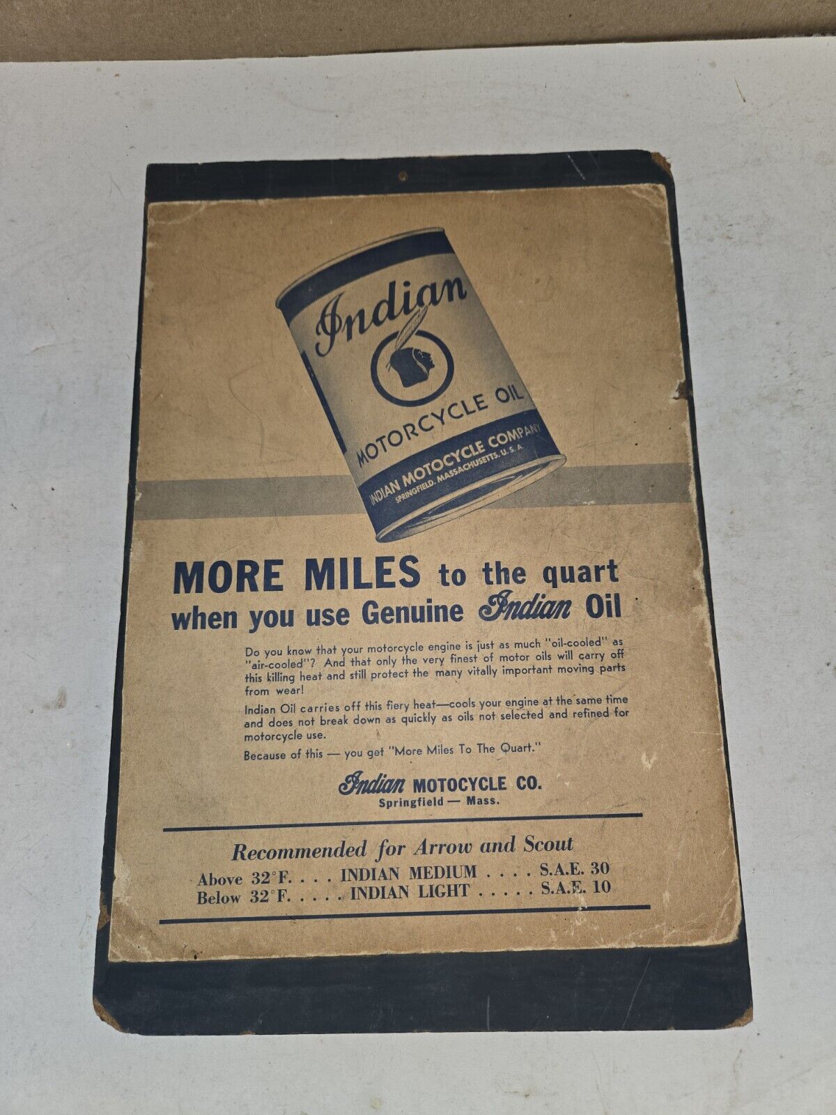 Vintage 40\'s/50\'s Indian Motorcycle Oil Advertisement Sign,Heavy Stock Cardboard