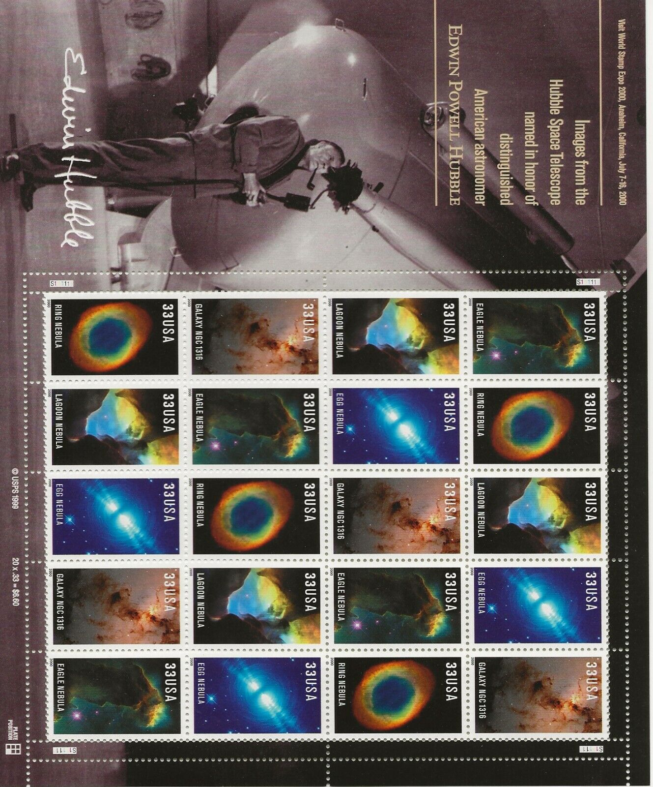 2000 33 cent Edwin Hubble full Sheet of 20, Scott #3384-3388, Mint NH