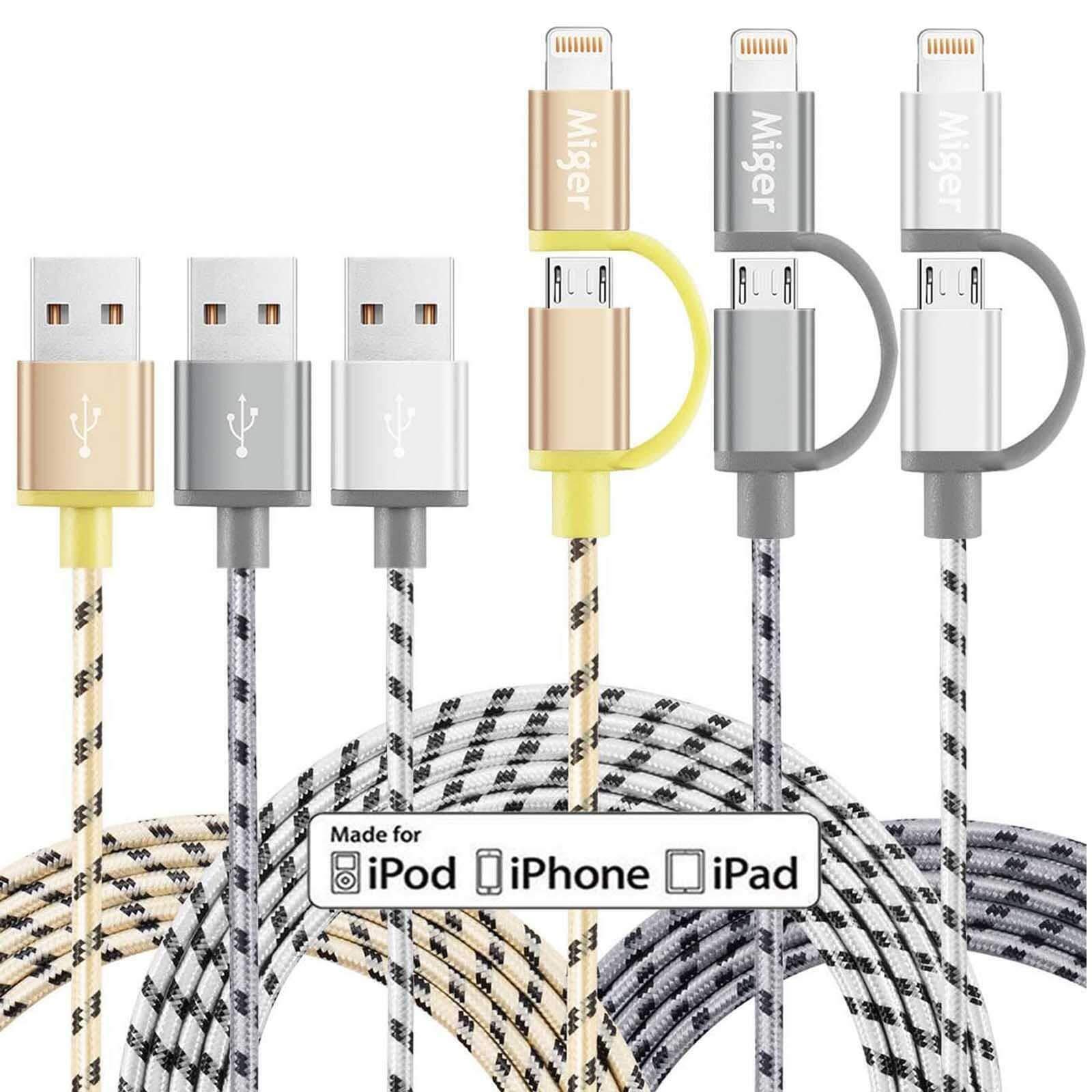 Multi Charging Cable 6.5Ft 2M MFi Certified 2Pack USB A to Lightning Micro USB