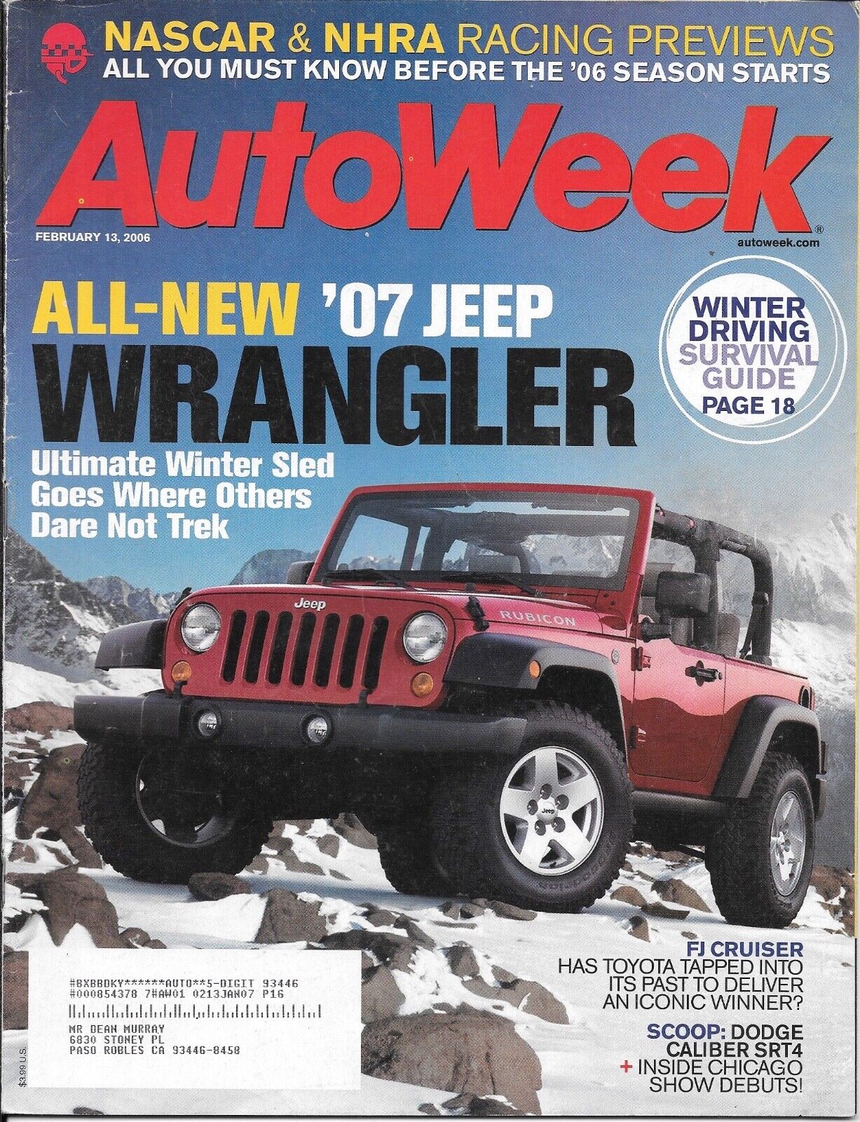 Autoweek Magazine Feb, 2006. New Toyota FJ Cruiser, \'06 Porsche Cayman S.