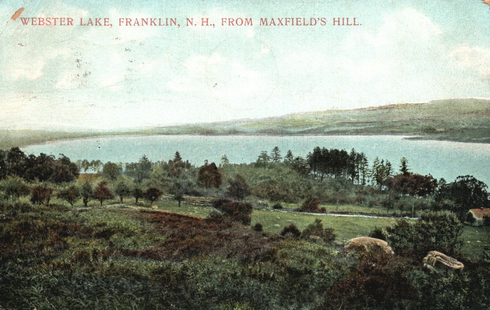 Vintage Postcard 1909 Webster Lake Franklin NH from Maxfields Hill Pub. Atkinson