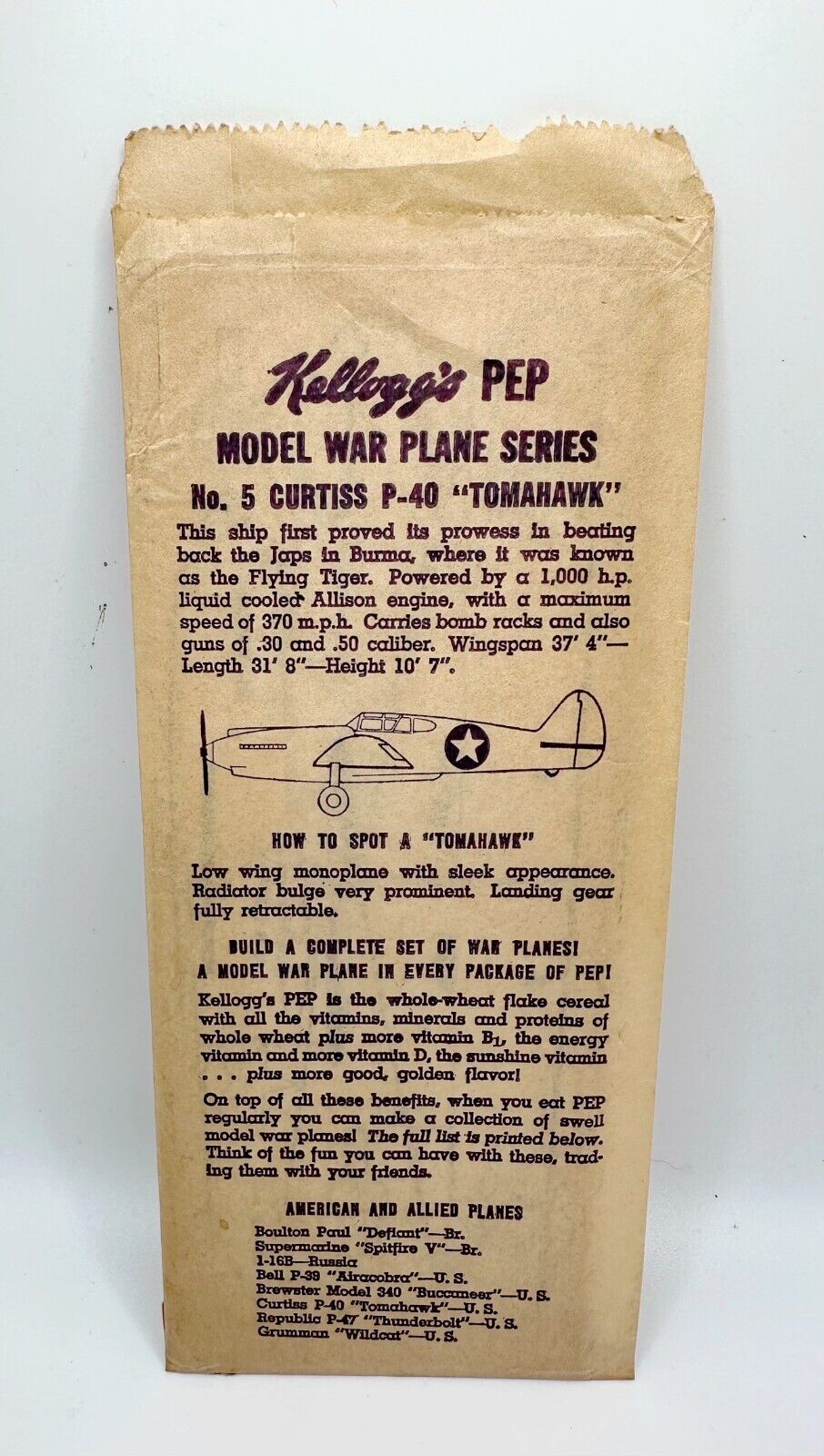 1940s Kellogg's Pep Cereal Model War Plane Series - No. 3 Curtiss P-40 Tomahawk
