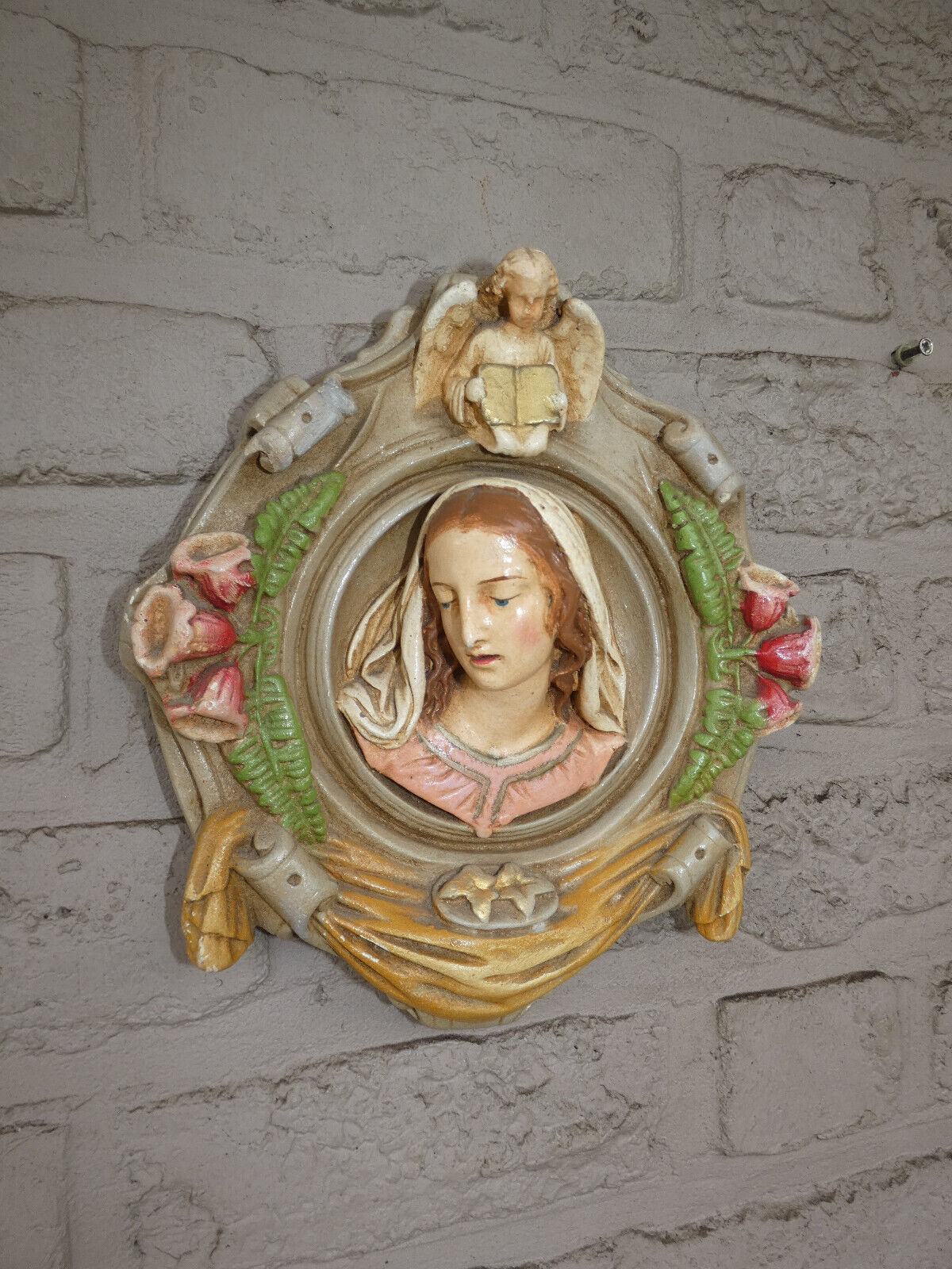 Antique french chalk relief madonna angel plaque religious rare
