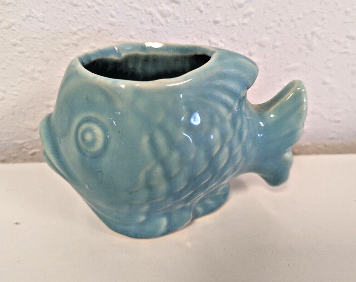 Vintage Shawnee Pottery USA Fish Planter Glossy Light Blue 3in mini vase retro