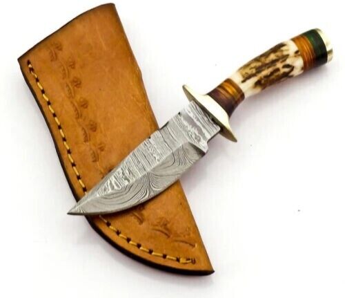 Premium Custom Handmade Damascus Knife with Stag Horn Handle and Leather Sheath
