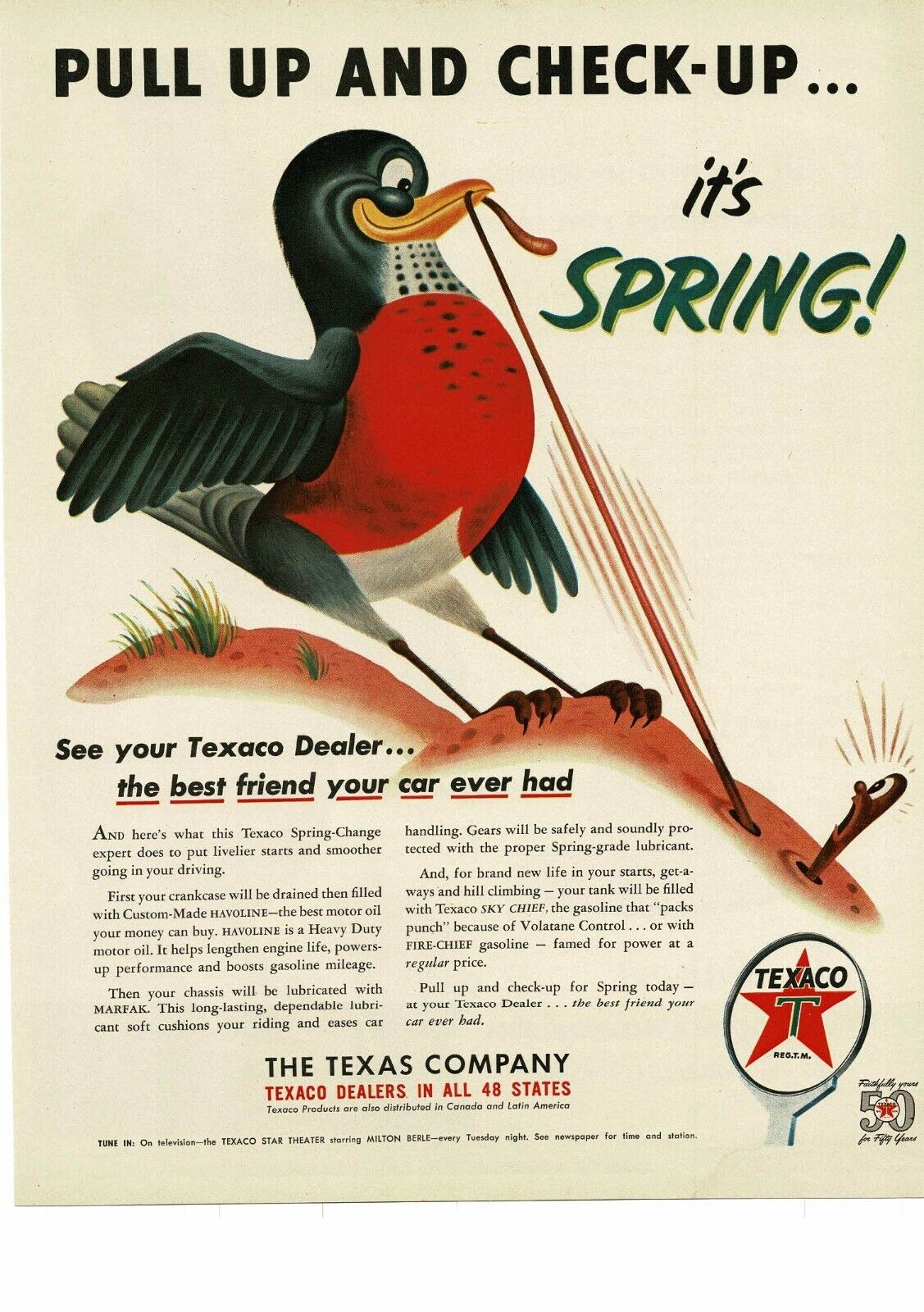 1952 TEXACO spring robin catching worm art Vintage Ad 